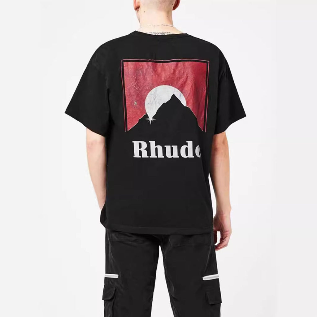 Rhude T-shirt Letter Snow Mountain Sunset Pattern Short Sleeve T-shirt