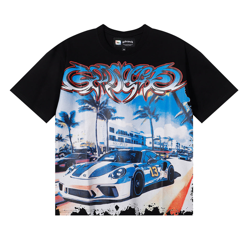 Godspeed T-shirts Supercar Beach Road Print Cotton Casual Short Sleeves Men and Women