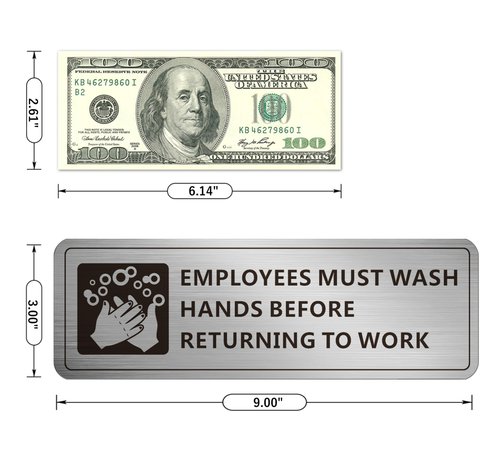 (4 Pack) Employees Must Wash Hands Sign, Self-Adhesive Metal Signage for Bathroom Office, Waterproof Aluminum Signs for Indoor Outdoor (9x3, Brushed Aluminum)