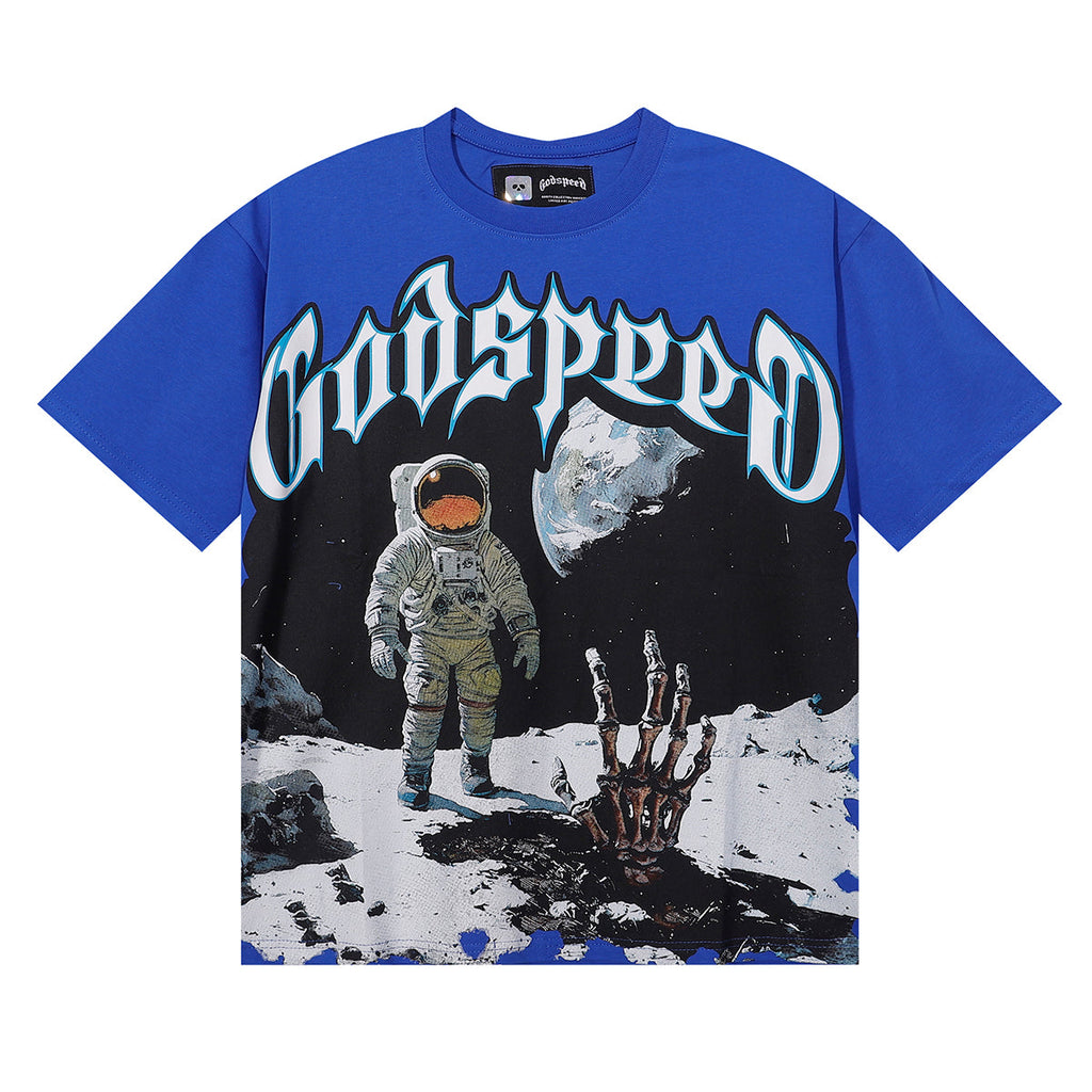 Godspeed T-shirts Astronaut Moon Landing Print Cotton Casual Short Sleeve Men and Women