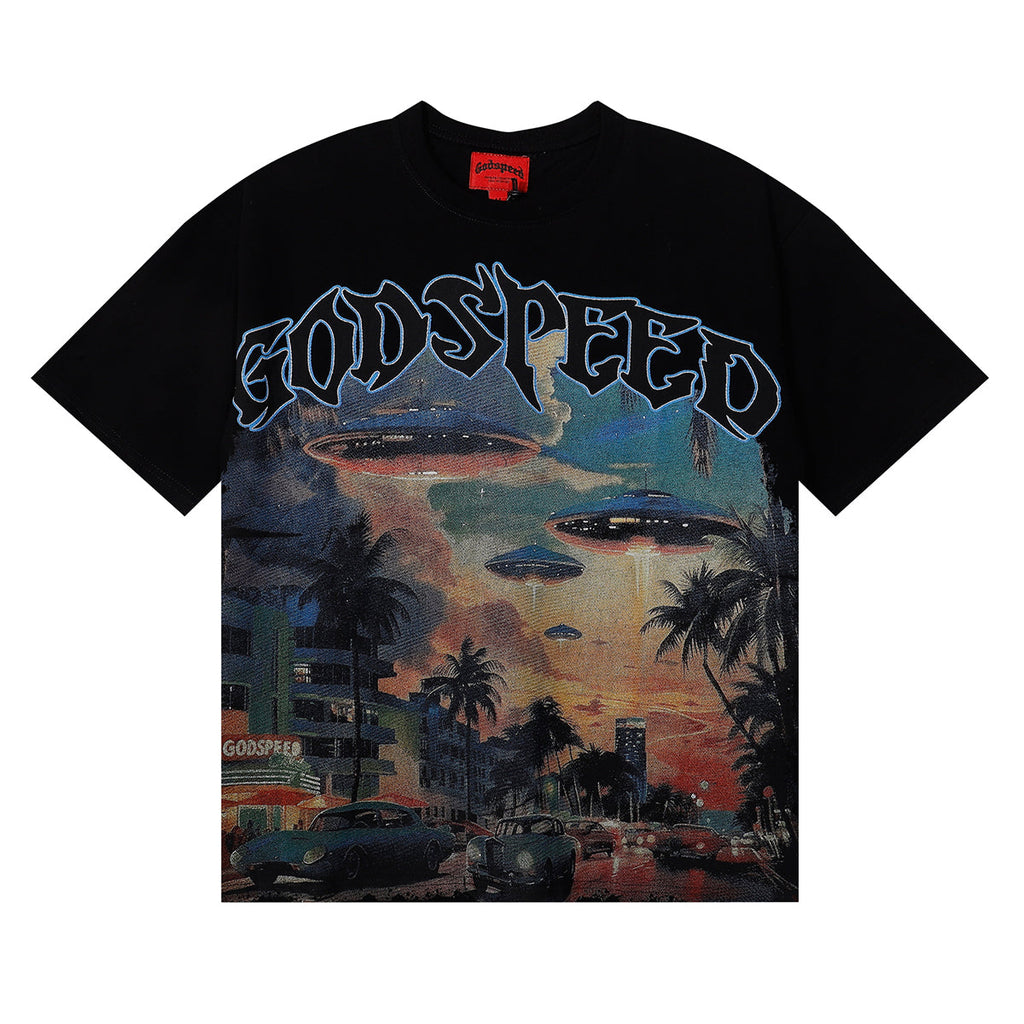 Godspeed T-shirts Urban UFO Printing Cotton Casual Short Sleeve Men and Women