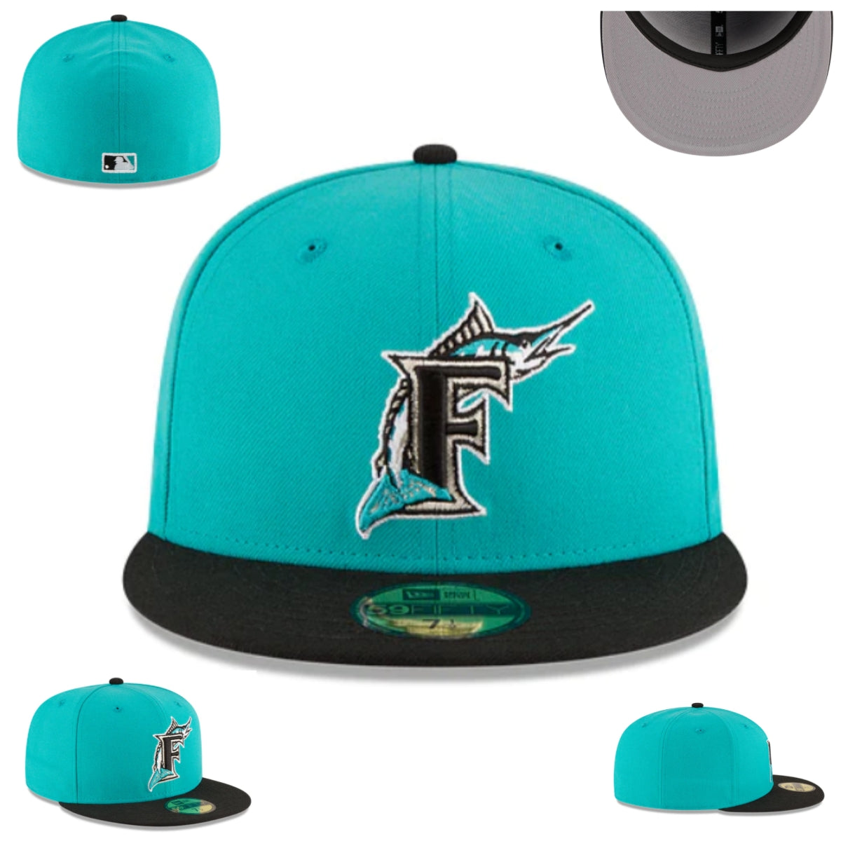 Florida Marlins Teal and Black Fitted Hat with Embroidered Logo