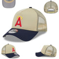 Beige and Navy Snapback Cap with Embroidered Logo and Mesh Back