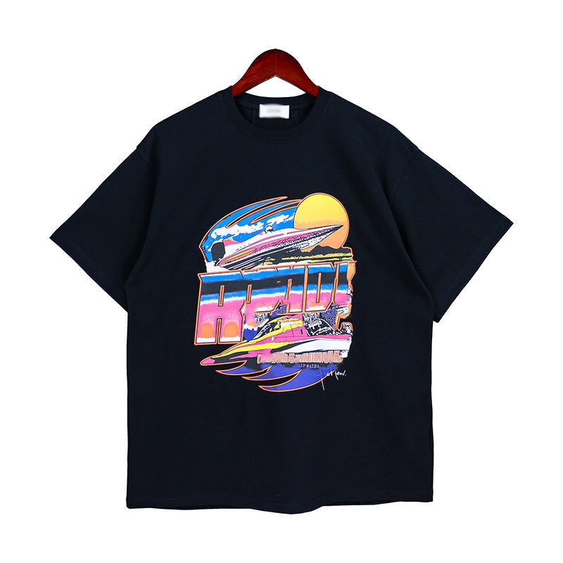 Rhude T-shirt Vintage Yacht Color Alphabet Print Short Sleeve T-shirt