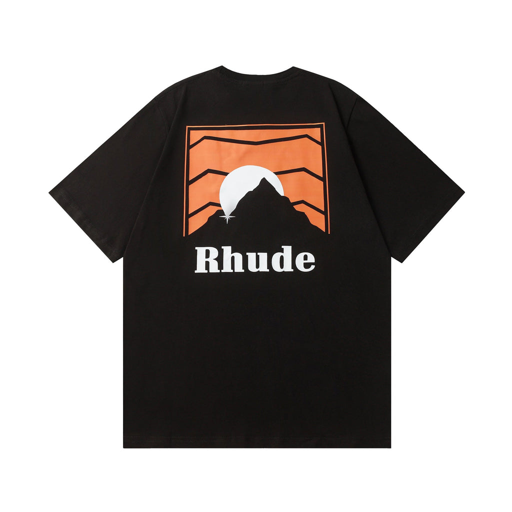 Rhude T-shirt Striped Sunset Snow Mountain Print Short Sleeve T-shirt