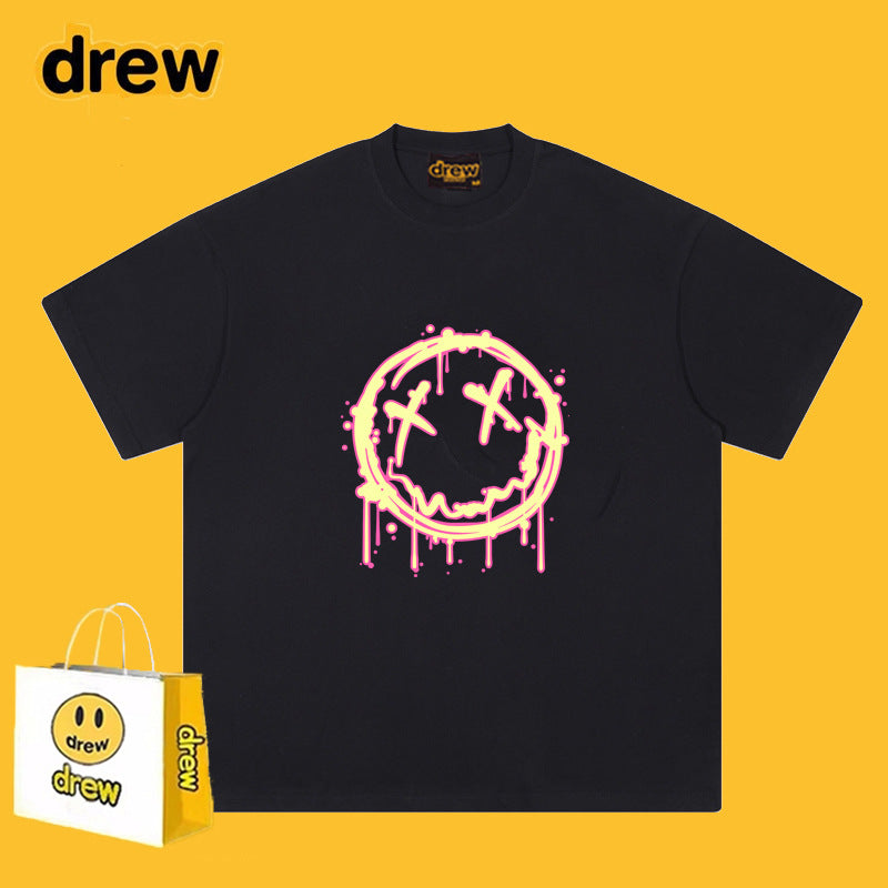 Drew T-shirts Flame Smiley Face Short Sleeve Print