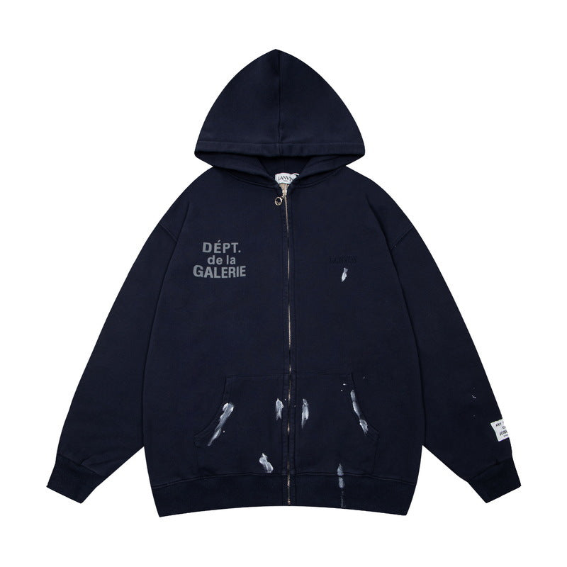 Gallery Dept Hoodie Embroidery Letter Splash Ink Wash Hooded Sweater Cardigan Jacket