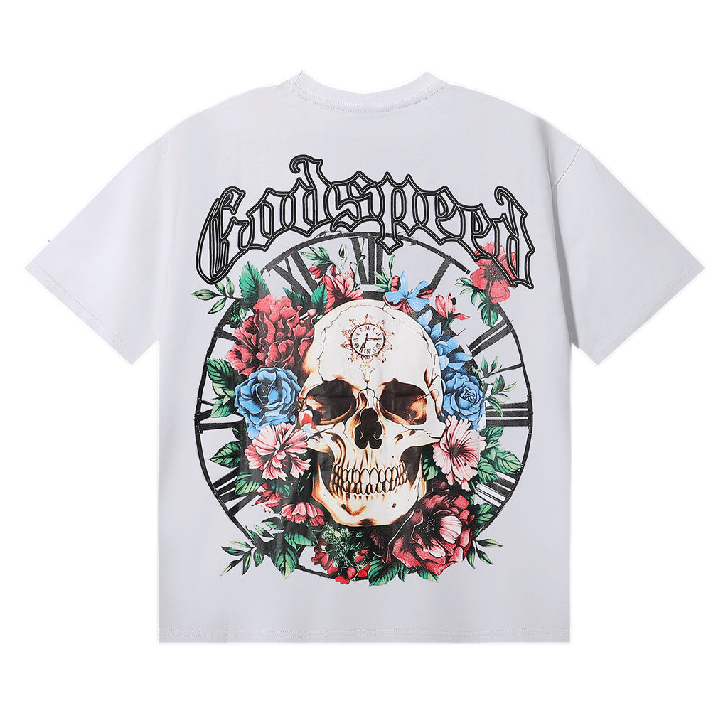 Godspeed T-shirts Skull Rose Clock Plate Double Yarn Cotton Casual Short Sleeve Men and Women