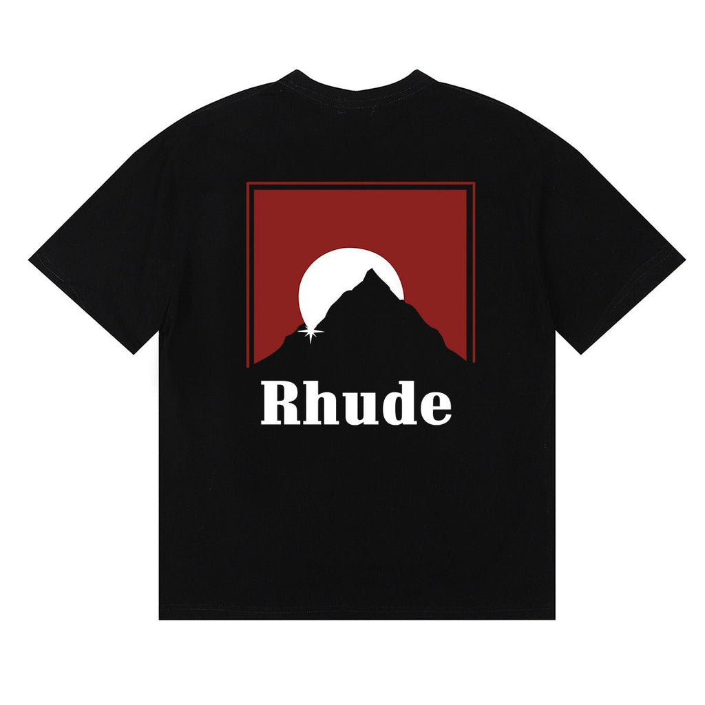Rhude T-shirt Letter Snow Mountain Sunset Pattern Short Sleeve T-shirt