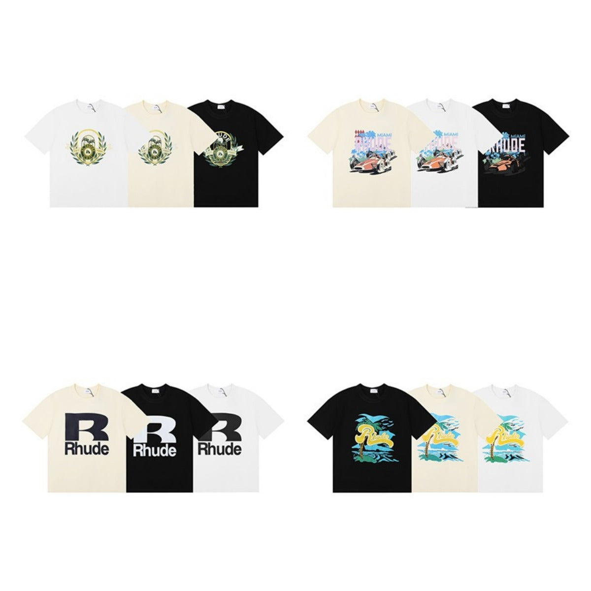 Rhude T-shirt Alphabet Coconut Racing Pattern Short Sleeve T-shirt