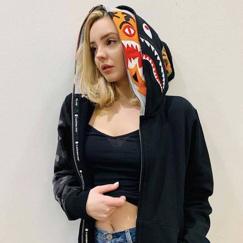Bathing Ape Tiger Head Shark Double Hood Sweater Camouflage Hoodie Thin Velvet Terry Hooded Sweater